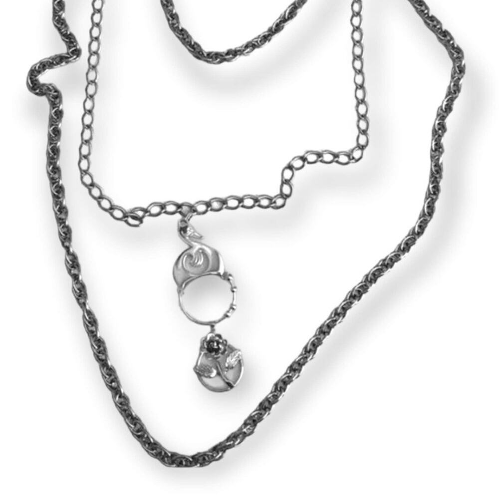 Signed Monet Swan Charm holder on 3-strand layered necklace, 1 rose charm